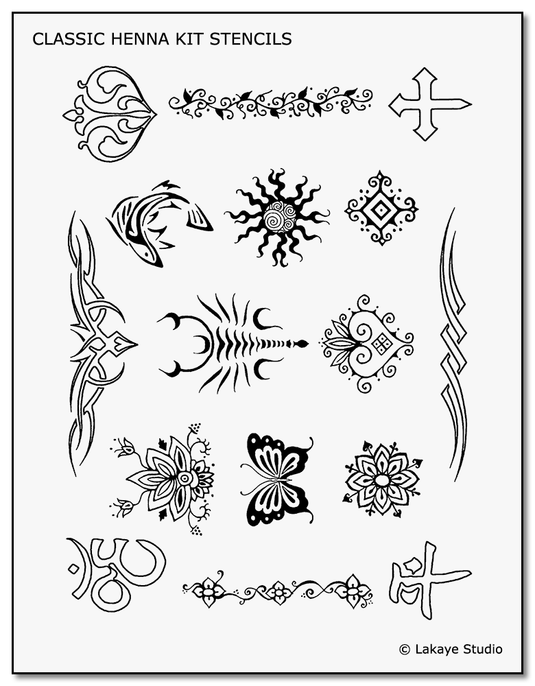 These 16 versatile tattoo stencil designs come with our Classic Henna Kit. 