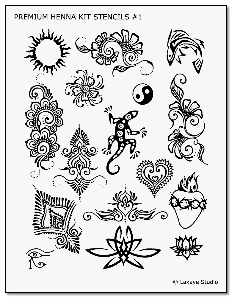 Our Premium Henna Kit includes a stencil sheet with these 16 designs. 